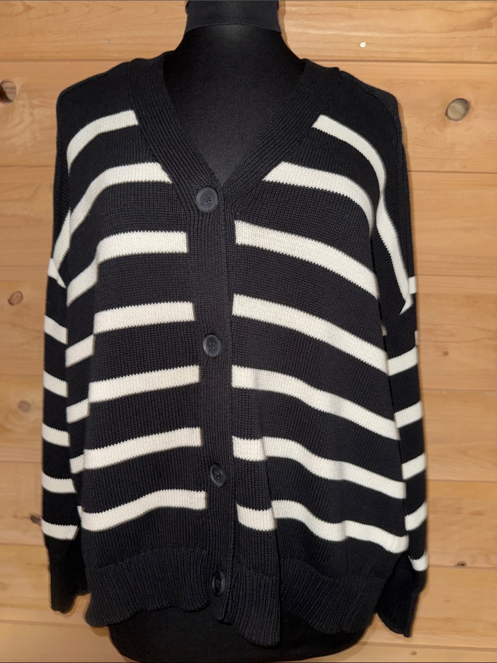 Black & White Striped V-Neck Button Cardigan Sweater